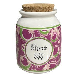 Tumbleweed Pottery Shoe $$$ Cork Top Ceramic Coin Bank Jar Pink Green Moon Stars